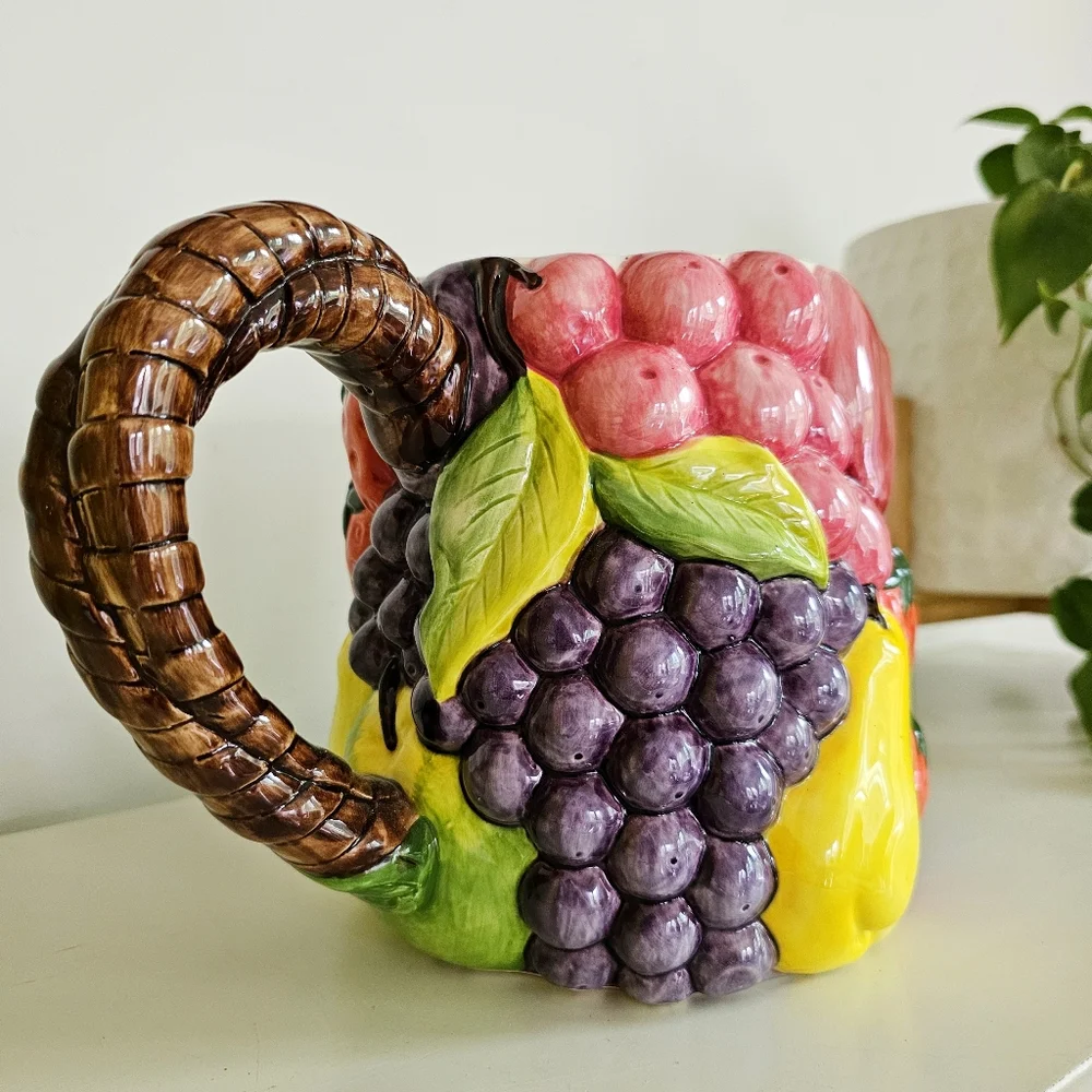Vintage Handcrafted Pier 1 Imports Majolica Ceramic Fruits Design Pitcher 7
